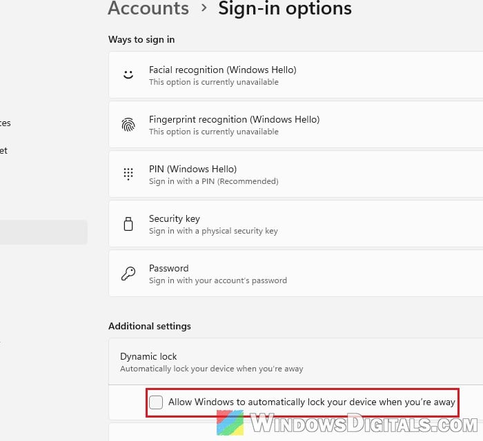 Turn off Dynamic lock in Windows 11 Sign-in options