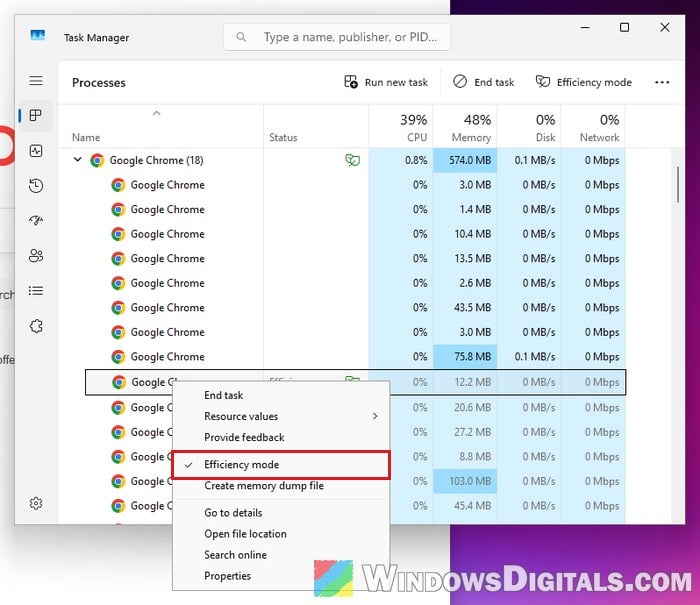 Turn off Efficiency mode for Chrome process Task Manager