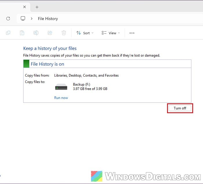 Turn off File History Control Panel Windows 11