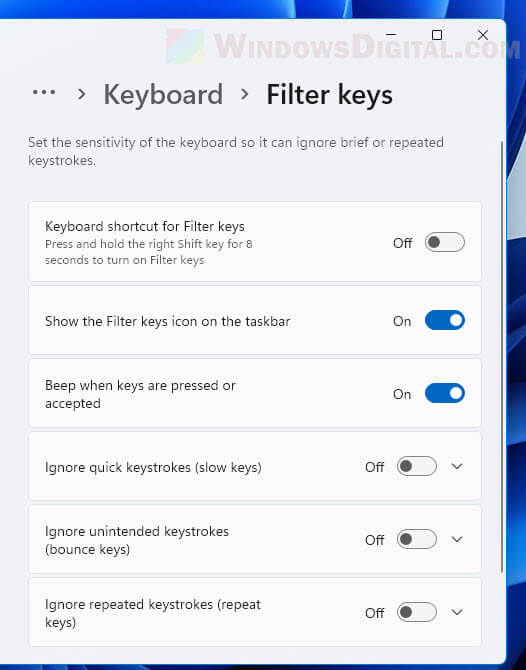 Turn off Filter Keys Windows 11