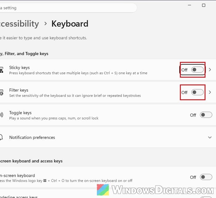 Turn off Filter keys Sticky keys Windows 11