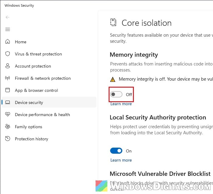 Turn off Memory integrity Core isolation Windows 11