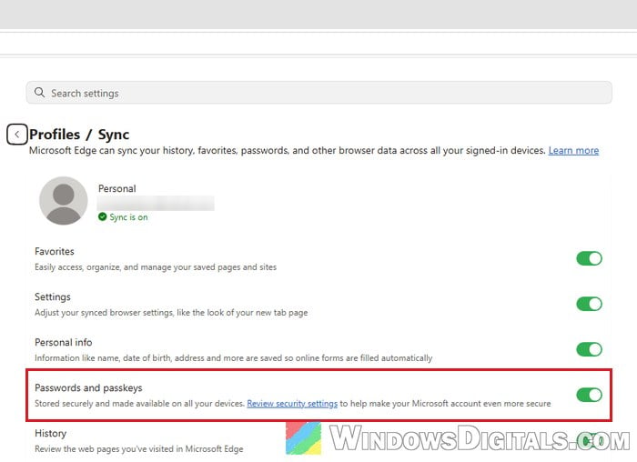 Turn off Passwords sync in Microsoft Edge