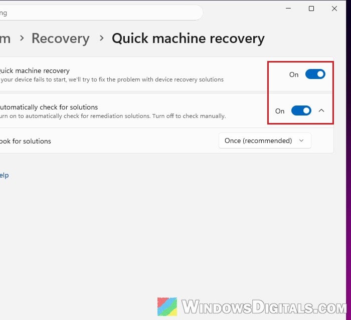 Turn off Quick machine recovery Windows 11