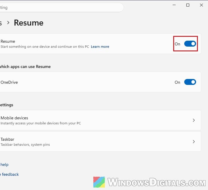 Turn off Resume in Settings Apps Windows 11