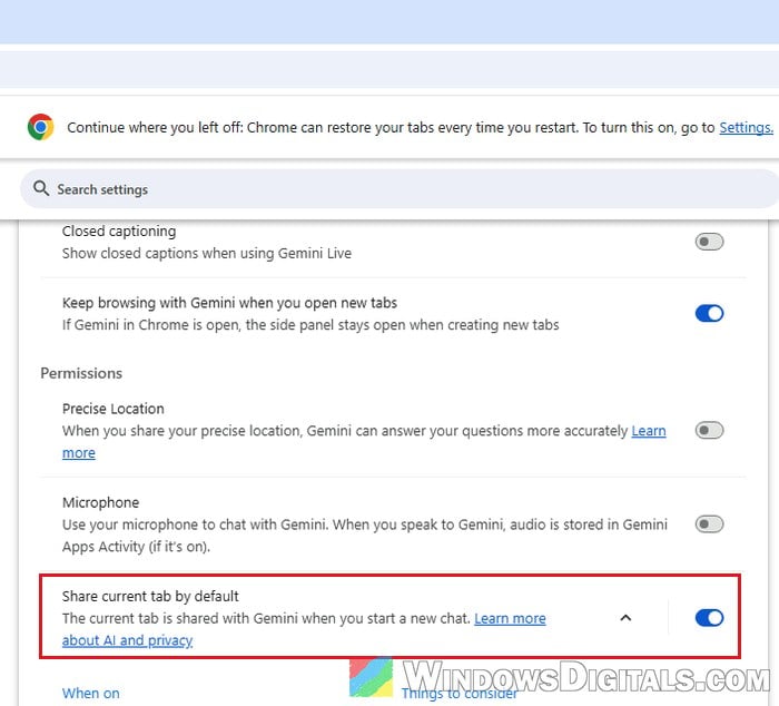 Turn off Share current tab by default Gemini in Chrome