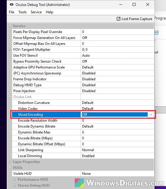 Turn off Sliced Encoding in Oculus Debug Tool