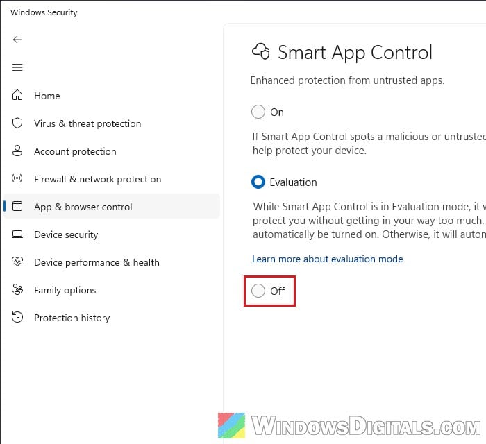 Turn off Smart App Control Windows 11