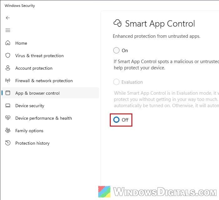 Turn off Smart App Control to uninstall app Windows 11