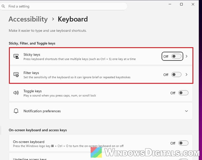 Turn off Sticky keys and Filter keys Windows 11