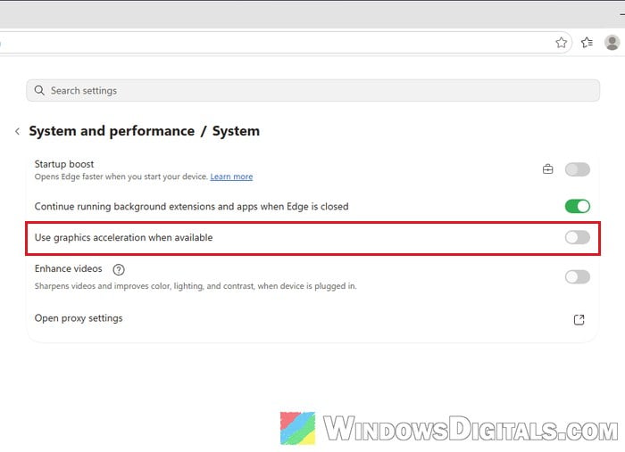 Turn off Use graphics acceleration when available Microsoft Edge