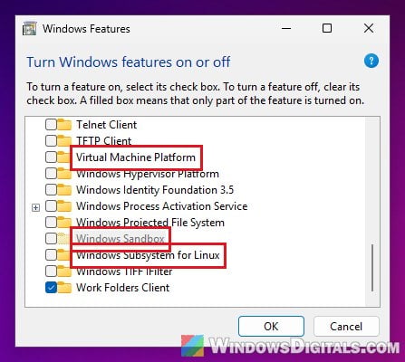 Turn off Virtual Machine Platform and Windows Subsystem for Linux Windows Features