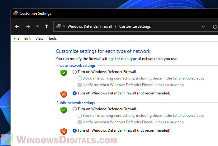 Turn off Windows Defender Firewall