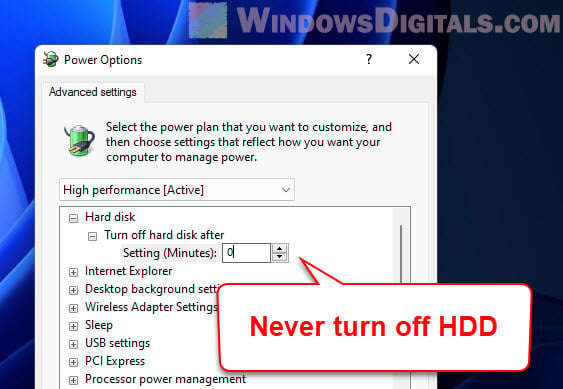 Turn off hard disk after 0 minutes never