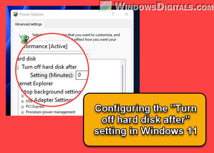Turn off hard disk after minutes setting in Windows 11