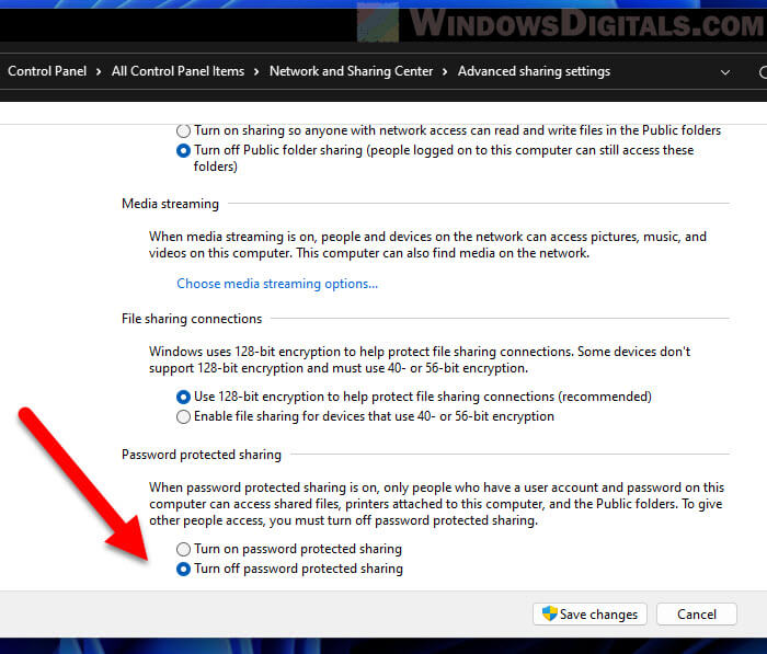 Turn off password protected sharing Windows 11