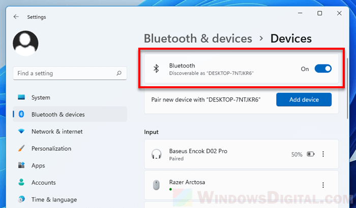 Turn on Bluetooth in Windows 11