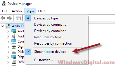 Show hidden devices in Device Manager