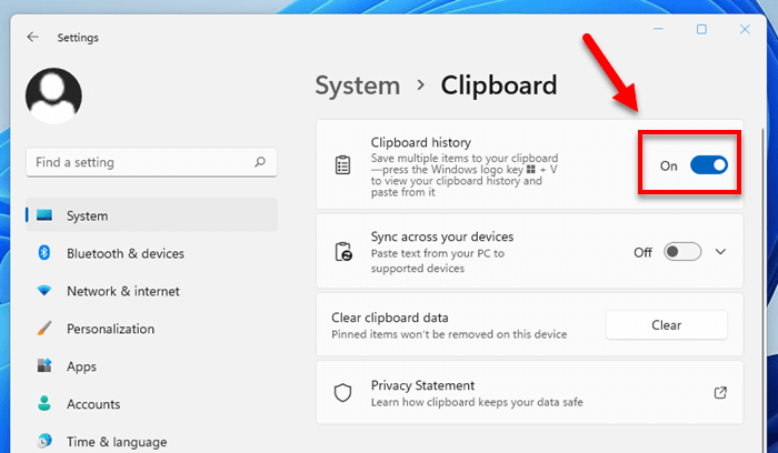Turn on Clipboard history in Windows 11