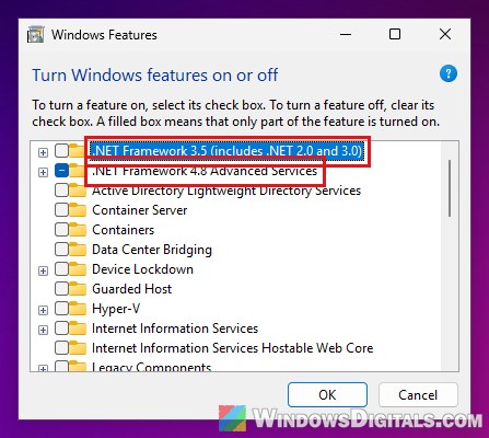 Turn on NET Framework 3.5 and 4.8 Windows features Windows 11