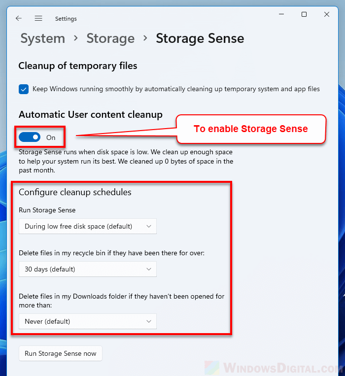 Turn on Storage Sense in Windows 11