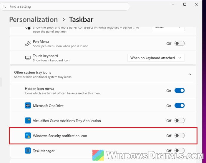 Turn on Windows Security notification icon in Taskbar settings Windows 11