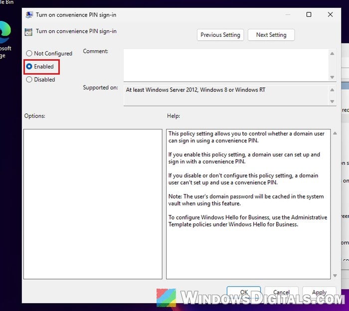 Turn on convenience PIN sign-in policy Windows 11
