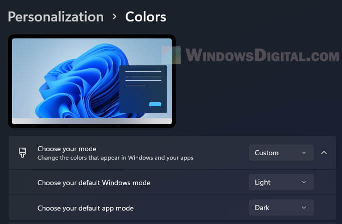 Turn on light or dark mode only for Windows or App on Windows 11