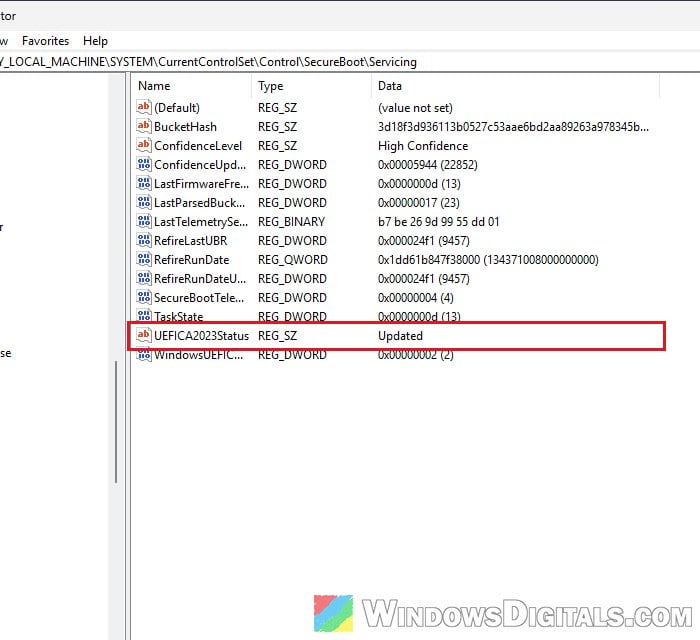 UEFICA2023Status Secure Boot Servicing Registry Editor