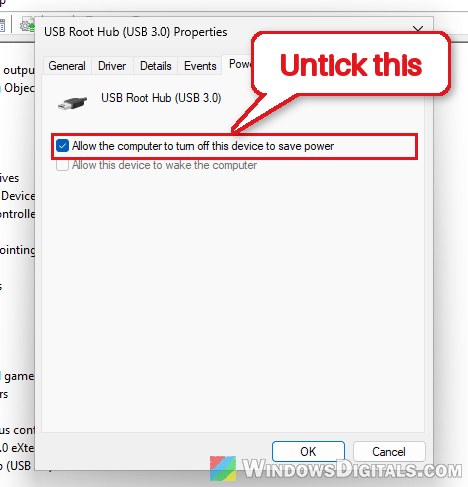 USB Root Hub Allow the computer to turn off this device to save power