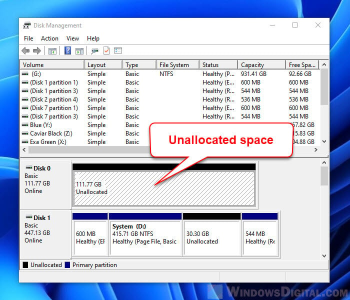 Unallocated space Disk Management Windows 11