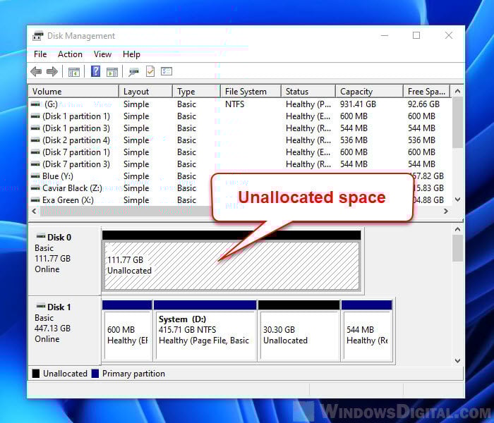 Unallocated space Disk Management Windows 11