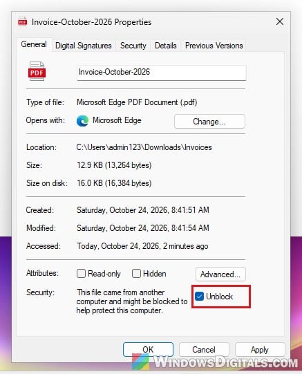 Unblock downloaded file Properties Windows 11