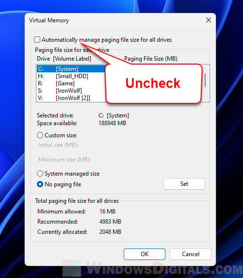 Uncheck Automatical paging file management