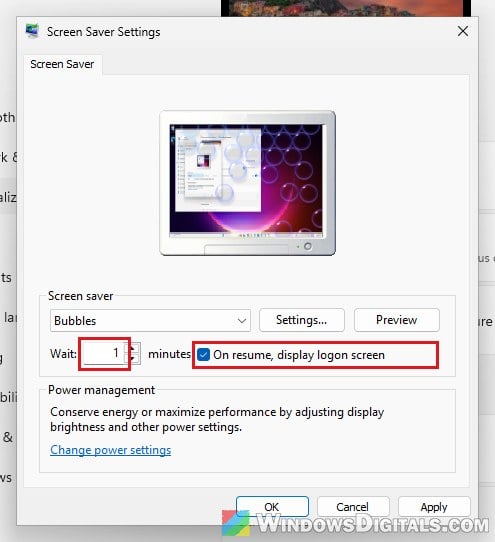 Uncheck On resume display logon screen Windows 11