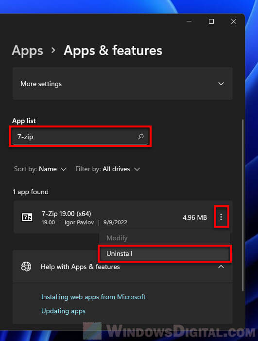 Uninstall 7-zip Windows 11