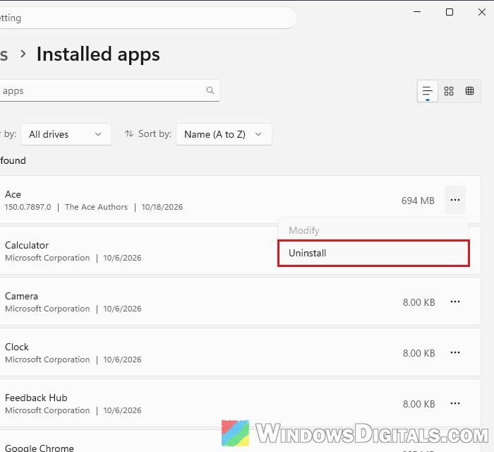 Uninstall Ace browser Windows 11