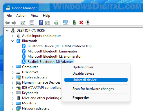 Uninstall Bluetooth driver Windows 11
