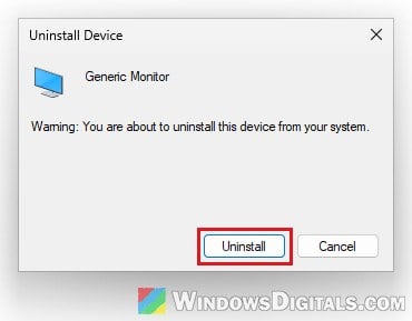 Uninstall Device confirmation for Generic Monitor Windows 11