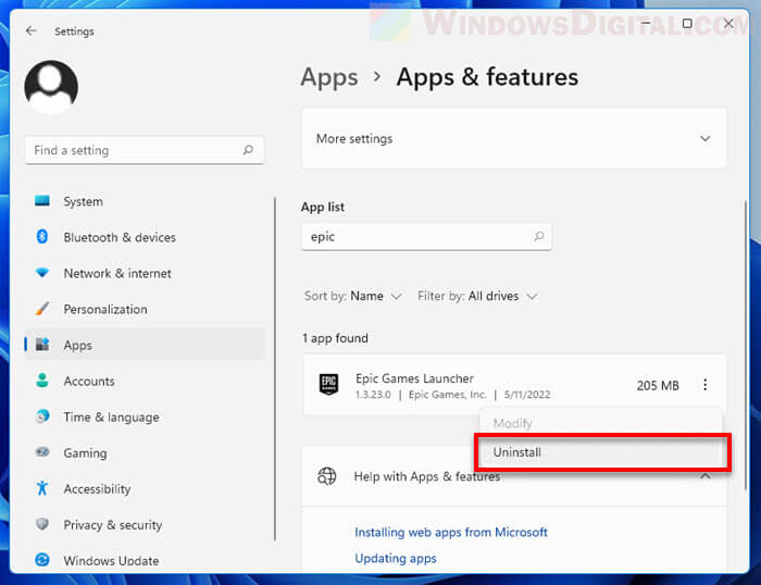 Uninstall Epic Games Launcher Windows 11
