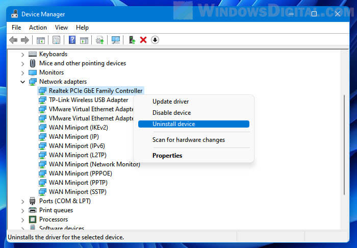 Uninstall Ethernet adapter driver Windows 11