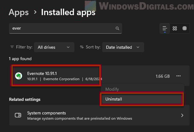 Uninstall Evernote in Windows 11