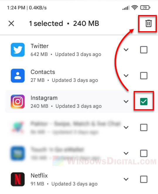 Uninstall Instagram app Android