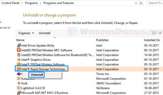 Uninstall Intel Rapid Storage Technology