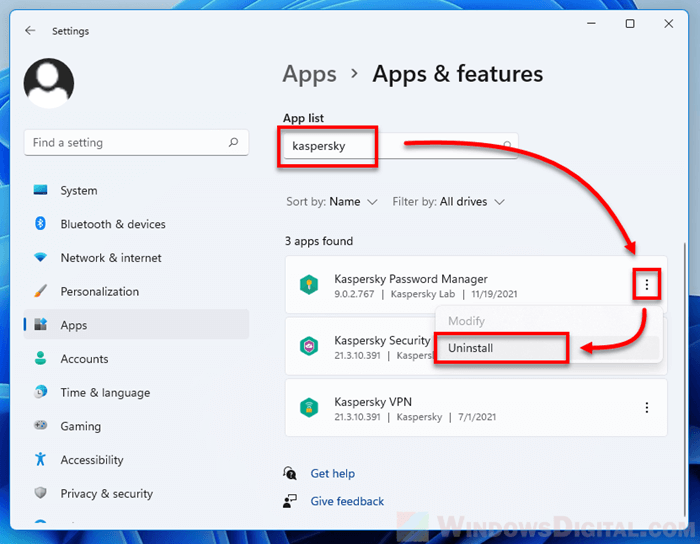 Uninstall Kaspersky VPN or Password Manager Windows 11