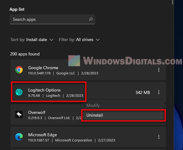 Uninstall Logi Options