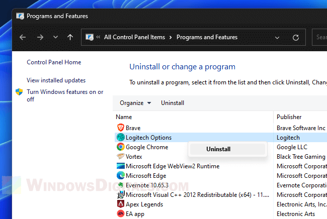 Uninstall Logitech Options Plus in Windows 11