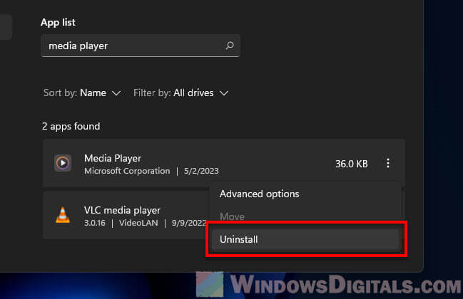 Uninstall Media Player in Windows 11