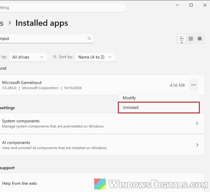 Uninstall Microsoft GameInput Windows 11