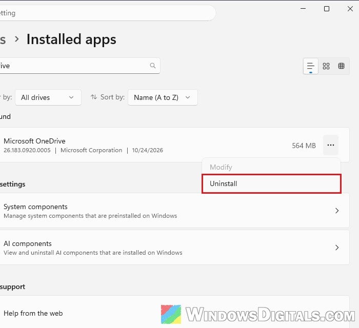 Uninstall Microsoft OneDrive from Installed apps Windows 11